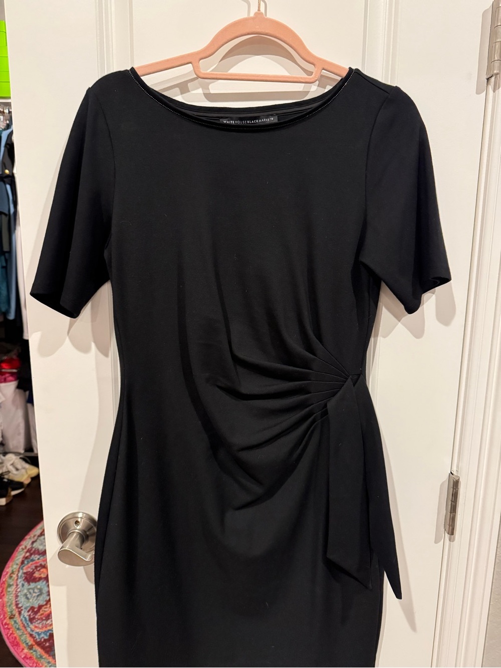 White House Black Market Black Short-Sleeve Sheath Dress with Side Knot Detail